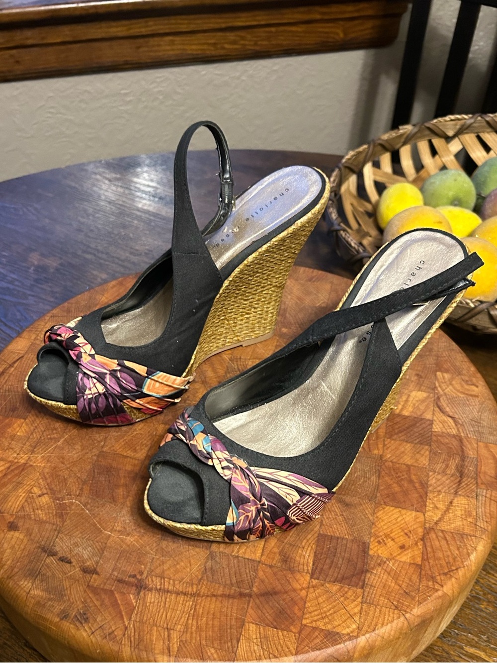 Charlotte Russe Black Slingback Wedge Heels with Multicolor Floral Knot
